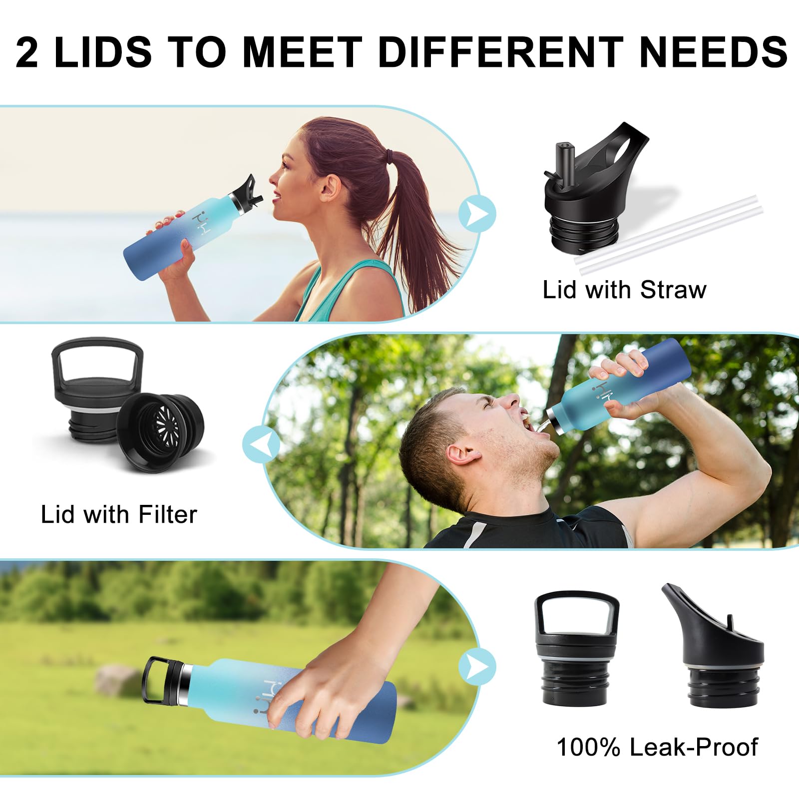 Grsta Borraccia Termica, Borraccia 1 litro, Senza BPA, 18/8 Acciaio Inox, Con filtro e Cannuccia, Mantiene Caldo per 12 Ore/Freddo 24 Ore, Borracce per Fitness, Corsa, Sportivo