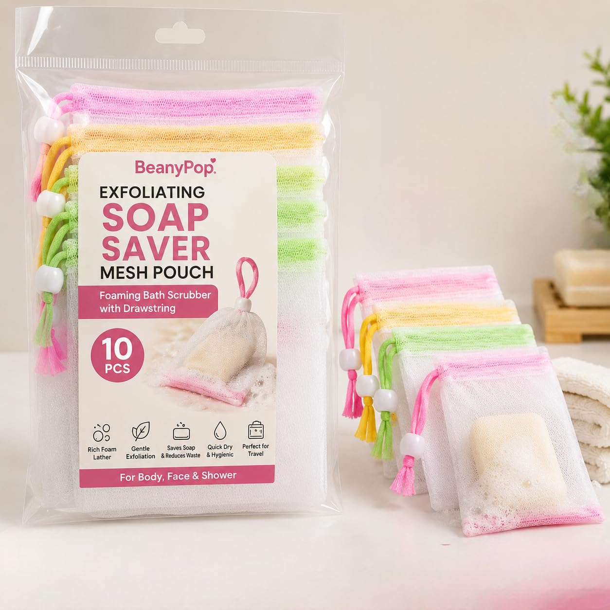 Exfoliating Soap Saver Mesh Pouch Bag with Drawstring – Foaming Bath Scrubber for Body, Face & Shower, Soap Holder Net for Rich Lather & Gentle Skin Exfoliation (Multi-Color) 10 pcs-image-21