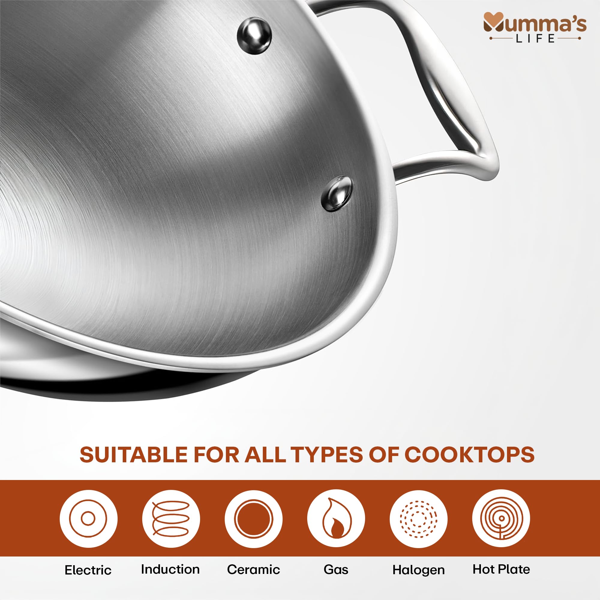 Mumma's LIFE Triply Stainless Steel Kadai (3.1L) | Dia-26cm | 2.5mm Thickness | Tri Ply Steel Kadai For Cooking With Heavy Bottom | Gas & Induction Kadhai With Lid For Deep Frying | Karahi For Kitchen 1