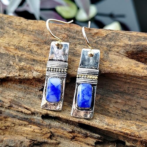 Gixaxak Pendientes de plata vintage 925 con grano azul, hechos a mano, pendientes de piedra natural, pendientes de zafiro azul crudo, piedras