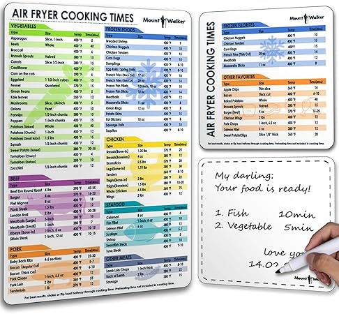 Air Fryer Magnetic Cheat Sheet Set (1 Set of 3 Pcs) - Cook Times Chart, Recipe Cards, Dry-Erase Fridge Whiteboard, Kitchen Accessories (White).