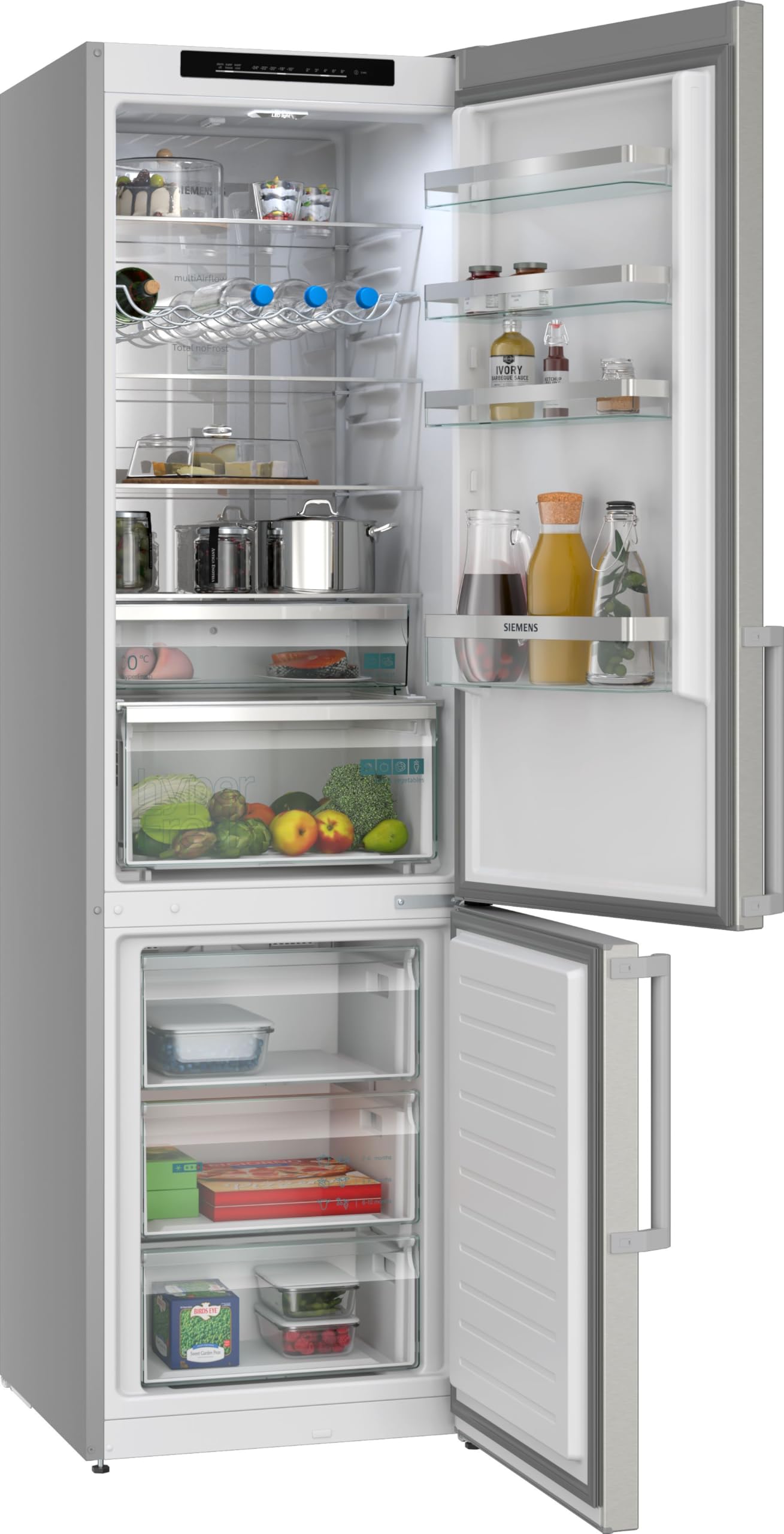 Siemens iQ300 Freistehende Kühl-Gefrier-Kombination 203 x 60 cm, KG39NVICV, 260 L Kühlen & 103 L Gefrieren, Total noFrost, Nahtlose Platzierung, hyperFresh 0°C Schublade, LED-Beleuchtung, Edelstahl