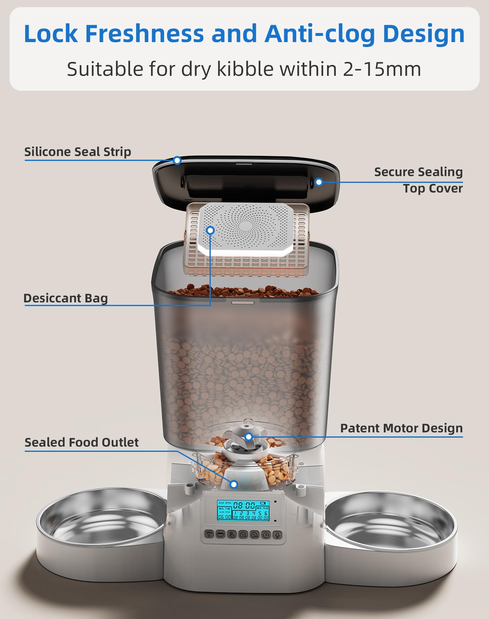 Comedero Automático para Gatos 3.5L - Dispensador de Comida Programable (1-6 Comidas/día) con 2 Tazones, Grabación de Voz 10s y Doble Alimentación (Eléctrico/Pilas)