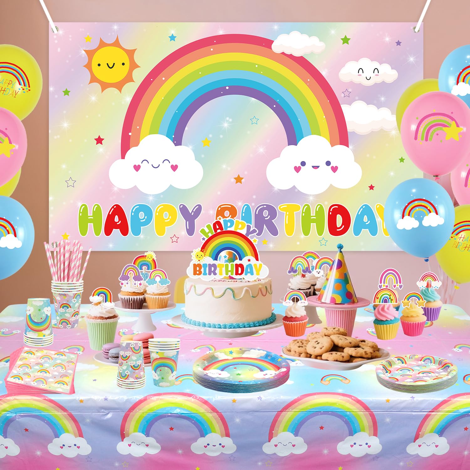 Decorazioni per Festa di Compleanno a Tema Arcobaleno - Forniture per Festa Arcobaleno compresi sfondo, piatti, Cake Topper, tazza, tovagliolo, palloncino, tovaglia - per 20 persone (BJ)