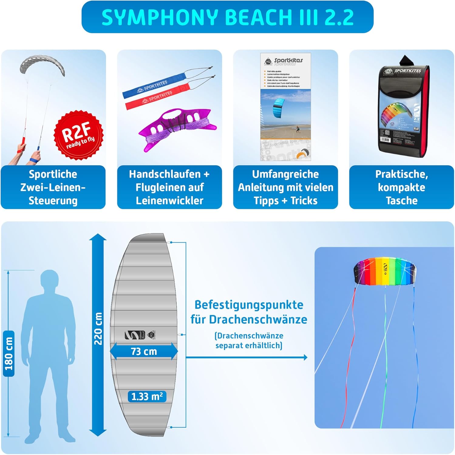 HQ Symphony Beach III 2.2 Stunt Kite, Rainbow, Dual Line Foil Sport Kite