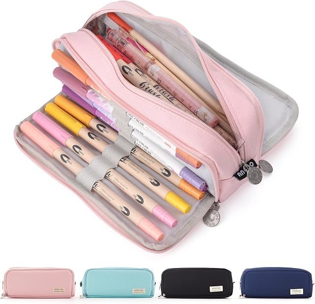 Maomaoyu Large Storage Pencil Case with 3 Compartments for Girls and Boys, Big Capacity Aesthetic Pencil Bag 3 Deckers for School Supplies, Pink