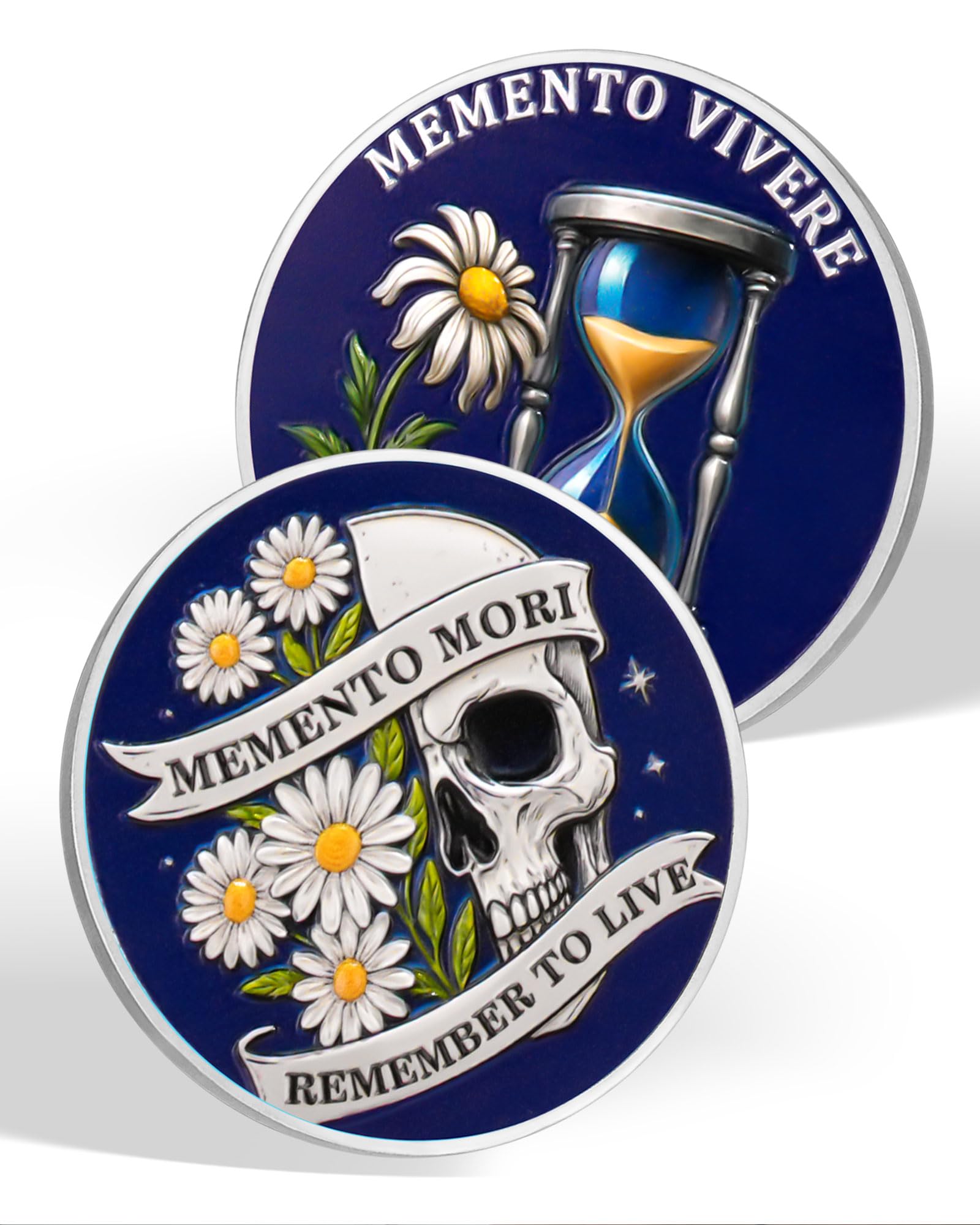 Memento Mori Coin, Daisy and Hourglass Stoic Challenge Coin
