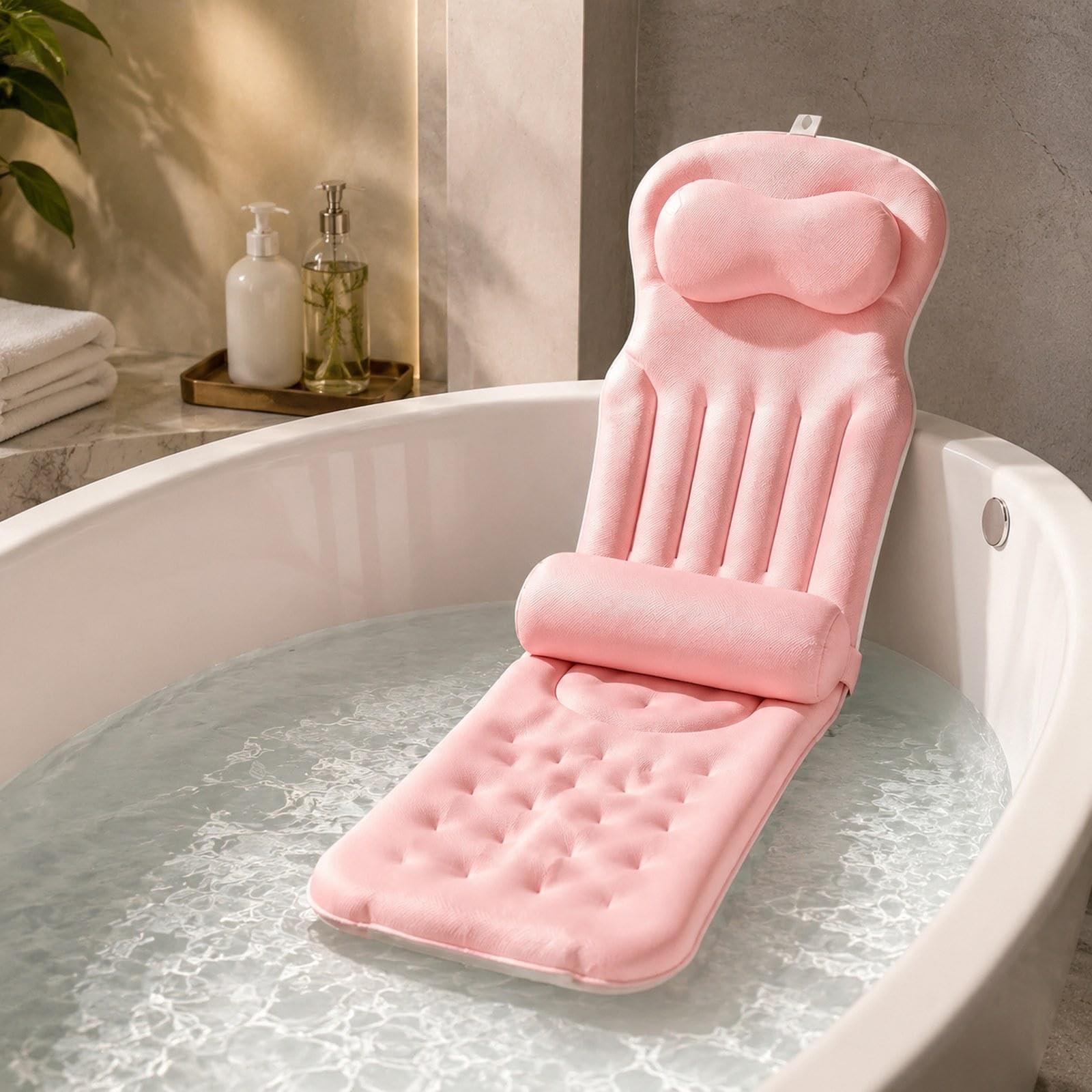 Almohada Baño Cuerpo Completo Almohadilla Bañera Cojín SPA con Ventosas Material Mesh Diseño Ergonómico Suave Antideslizante Adecuada para Ad, Rosa, Individual