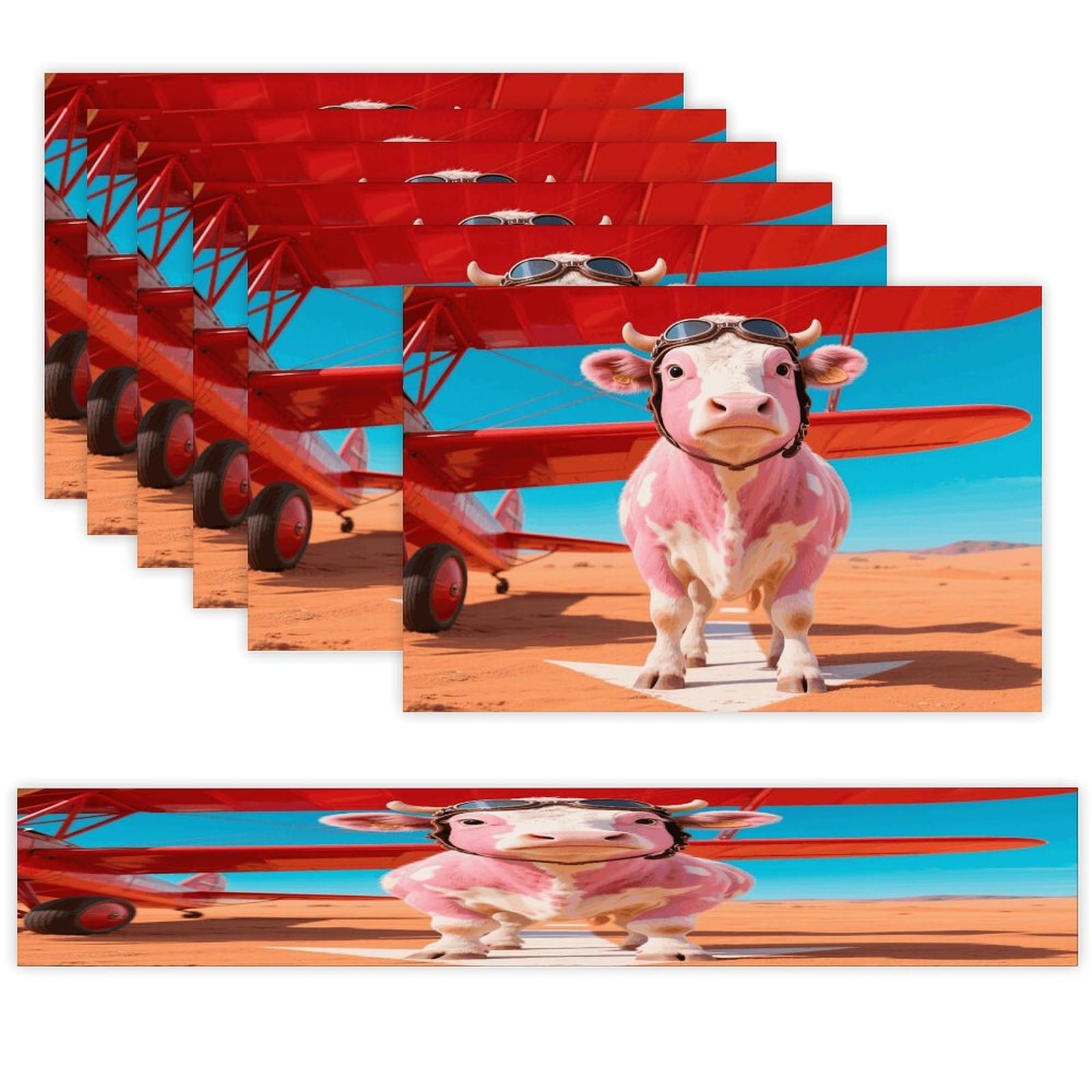 Pink Cow Table Runner and Placemats Set of 7 Linen Table Mat Non-Slip Place Mats Washable Placemat Heat Resistant Place Mat with Table Runner for Party Dining Decor