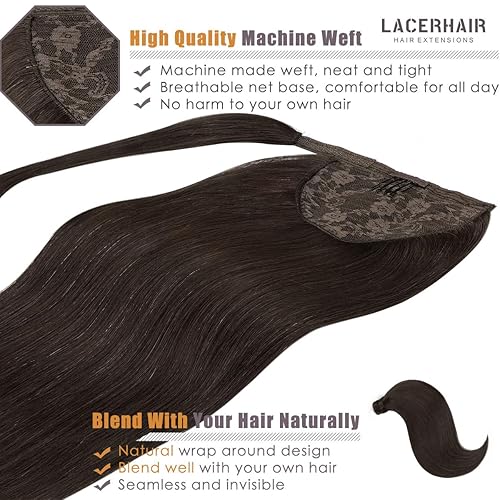 Miniatura 5 de Lacer Extensión de cola de caballo envolvente para mujeres negras, cabello humano de 16 pulgadas, extensión de cola de caballo recta sedosa de una