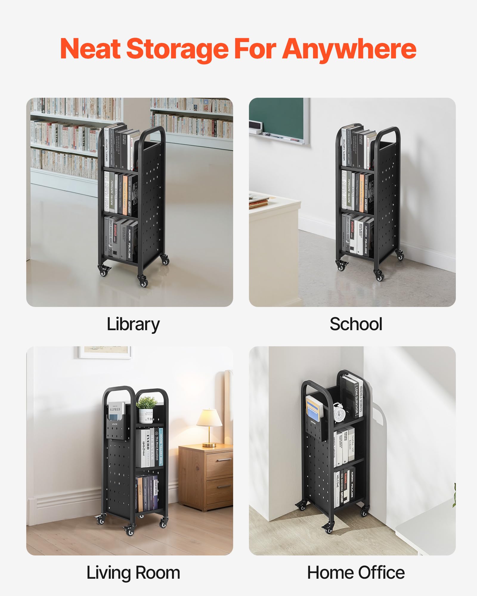 VEVOR Carrello Portalibri con Ruote 320 x 350 x 935 mm Carrello Rotante Porta Libri, Carico 100 kg Ripiani a L Monofacciali con Ruote Bloccabili 5 cm per Scaffali di Casa, Ufficio e Scuola, Nero
