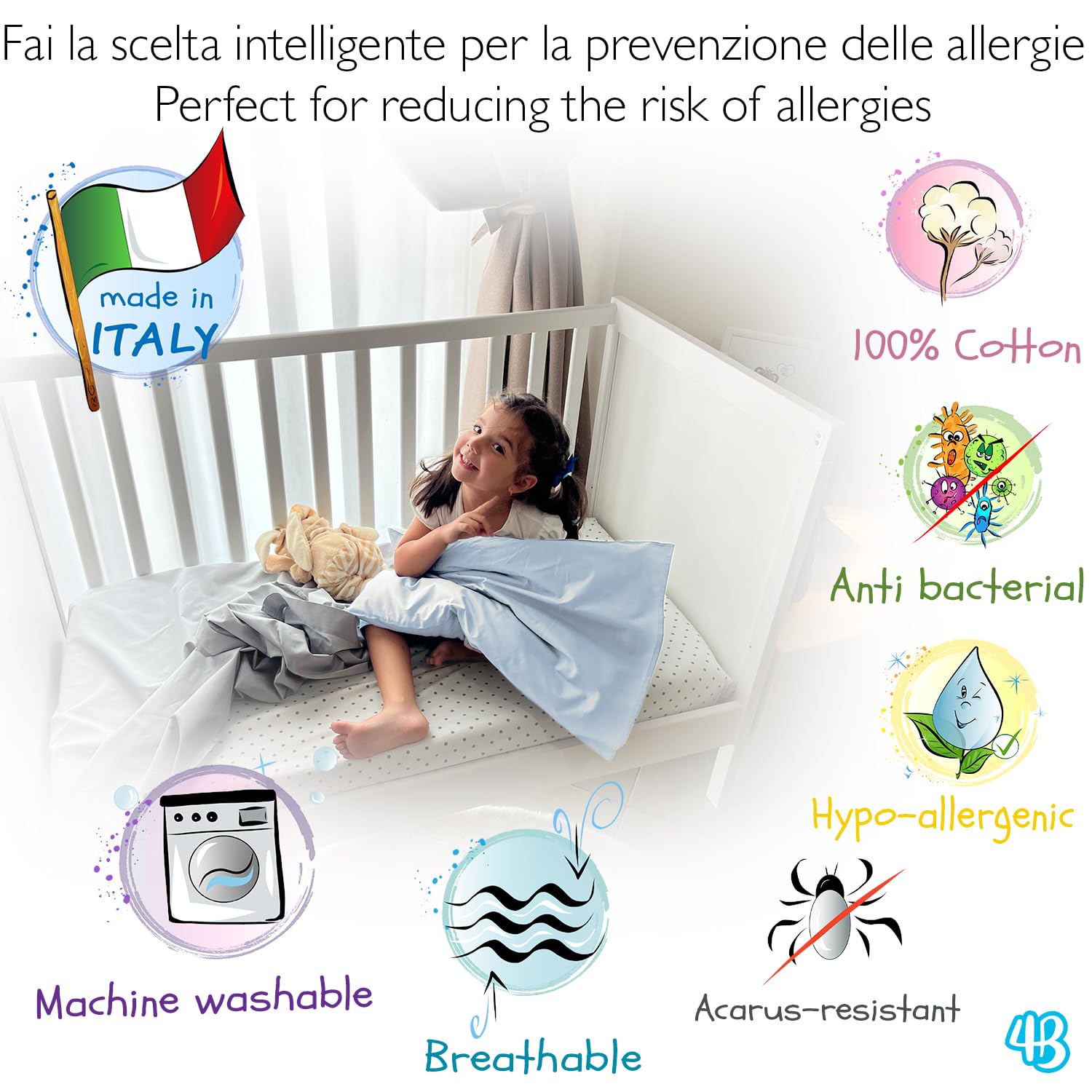 Federe Cuscino 40x60 Bambino Set 2 Puro Cotone Made in Italy OEKO-TEX Biancheria da letto Azzurro