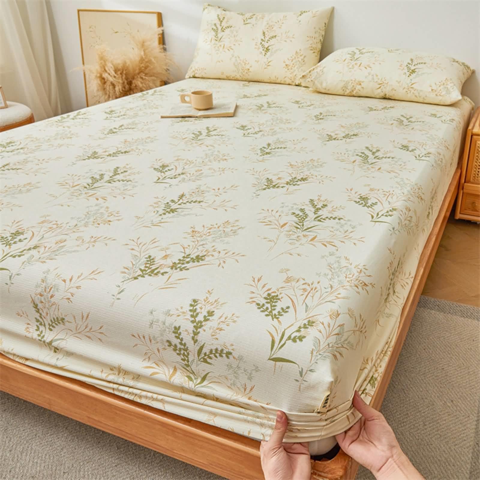 120x200cm Spannbettlaken Baumwolle Matratzenhöhe bis 5-25cm, Spannbetttuch Bedruckt Olivgrün Spannbettlaken für Boxspringbetten mit 2 Kissenbezug