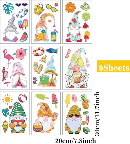 Miniatura 3 de ORIGACH 9 hojas de 45 piezas de gnomos de Hello Summer para ventana, calcomanías de ventana de vacaciones de verano, puertas de vidrio, calcomanías