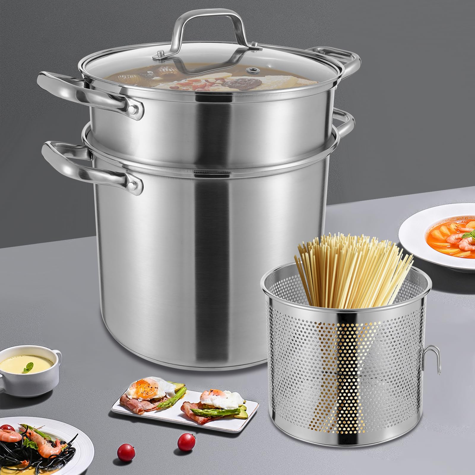 Olla grande de 8 L, de acero inoxidable con cesta de freír y al vapor, olla para sopa para cocinas de gas, cocinas de inducción, halógenas y eléctricas, apta para lavavajillas, 36,5 x 36,5 cm
