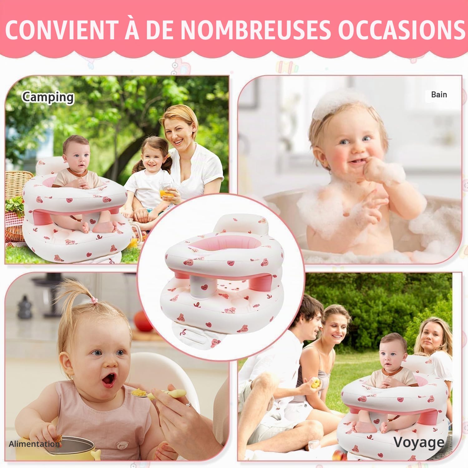 Siège Gonflable Pour Bébé de 3 Mois Plus, Chaise Gonflable Bebe avec Pompe Intégrée, un Auxiliaire de Fauteuil Tout-petits (Lapin)