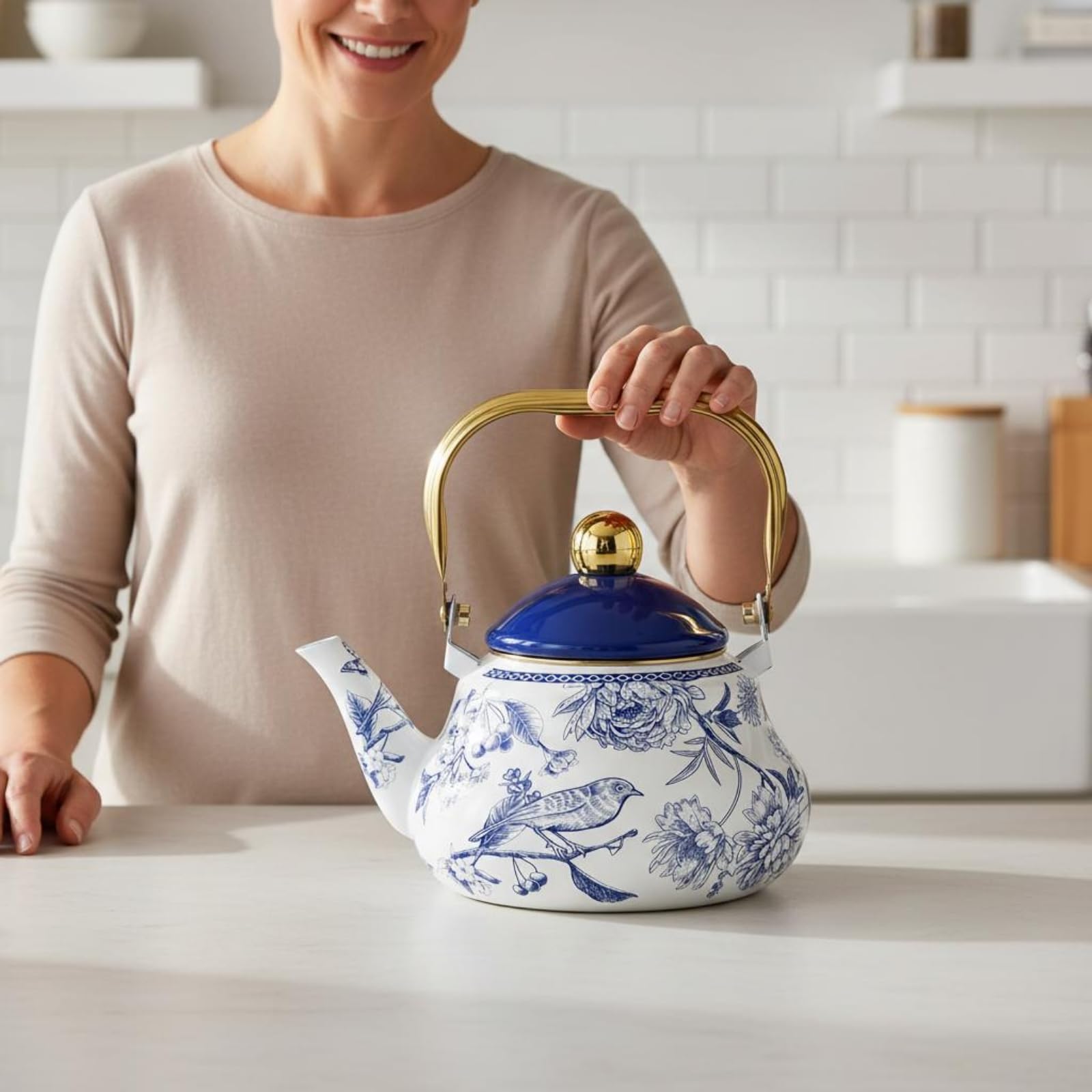 Emaillierte Teekanne leicht zu reinigen -weißer Teekanne leichte Reinigung Emaille- für Teestunde, Küche, 1.5L, Amerikanischer Retro-Stil, Kaffeemotive