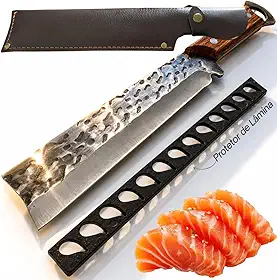 Cutelo Javali Profissional Forjado em Aço Inox Faca de Churrasco Artesanal Full Tang Cabo Madeira Carvalho Envernizado Dureza 56 HRC com Bainha de Couro para Carnes Legumes e Cozinha Gourmet Premium.