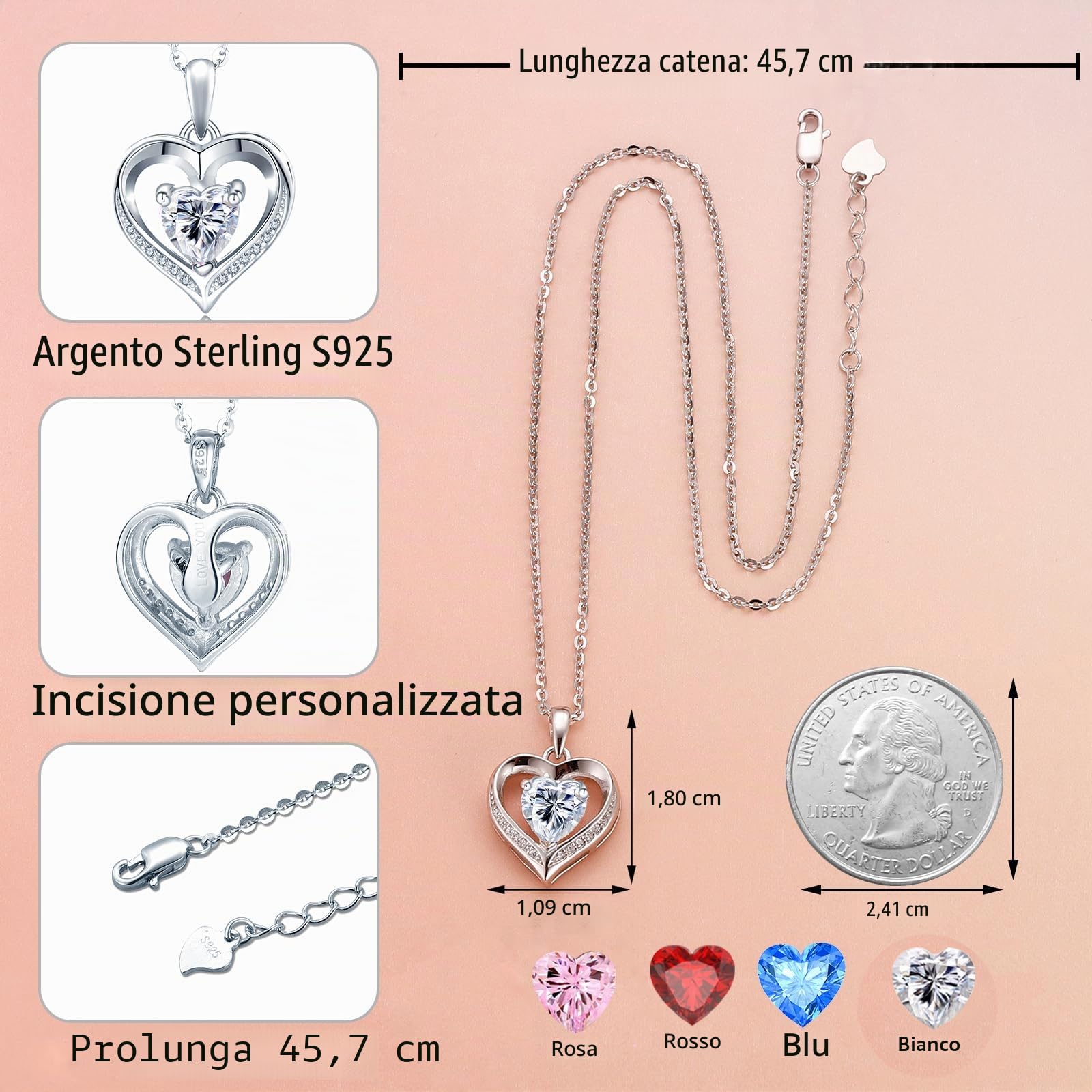 Collana da donna, collana a cuore, gioielli, ciondolo a forma di cuore, Natale, festa della mamma, regalo per mamma, San Valentino, anniversario, matrimonio, compleanno, donna, fidanzata