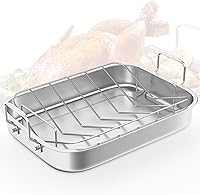 Vista 1 de Sunvivi Sartén para asar de 15.6 pulgadas con estante en forma de V, sartén rectangular para lasaña con asa, asador antiadherente de acero
