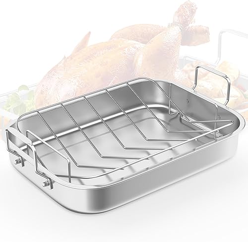 Sunvivi Sartén para asar de 15.6 pulgadas con estante en forma de V, sartén rectangular para lasaña con asa, asador antiadherente de acero