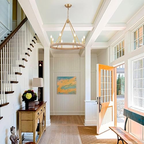 Miniatura 6 de Candelabro dorado con rueda de carro, 8 luces doradas para comedor, lámpara colgante redonda rústica de 24 pulgadas para sala de estar, vestíbulo,