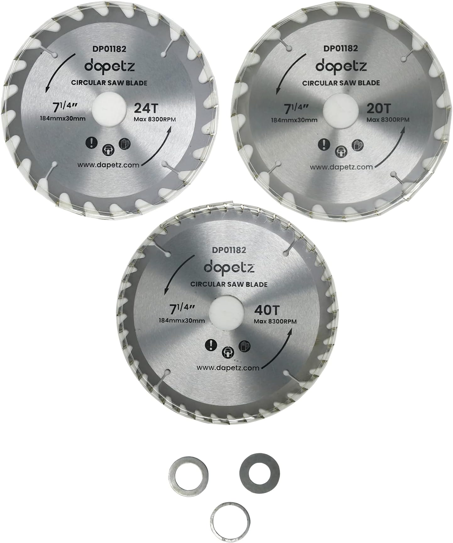 3pc 190mm TCT Circular Saw Blades 20 / 24 And 40 Teeth 16mm Bore