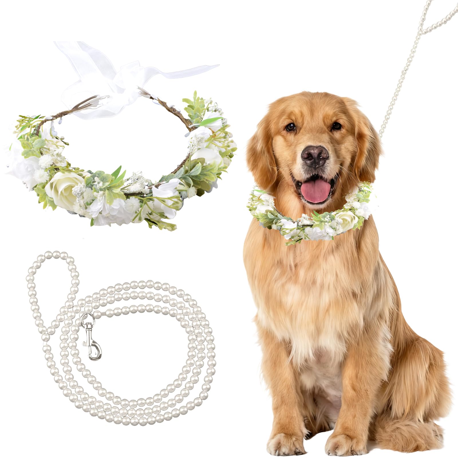 Hundehalsband mit Blumenhalsband mit Perlen, elegantes Hunde-Stirnband, Hochzeitskleidung, Kranz, Schleife, verstellbarer Kranz, Hochzeitsoutfit, Blumenhalsband, Haustier-Foto-Requisite (weiß)