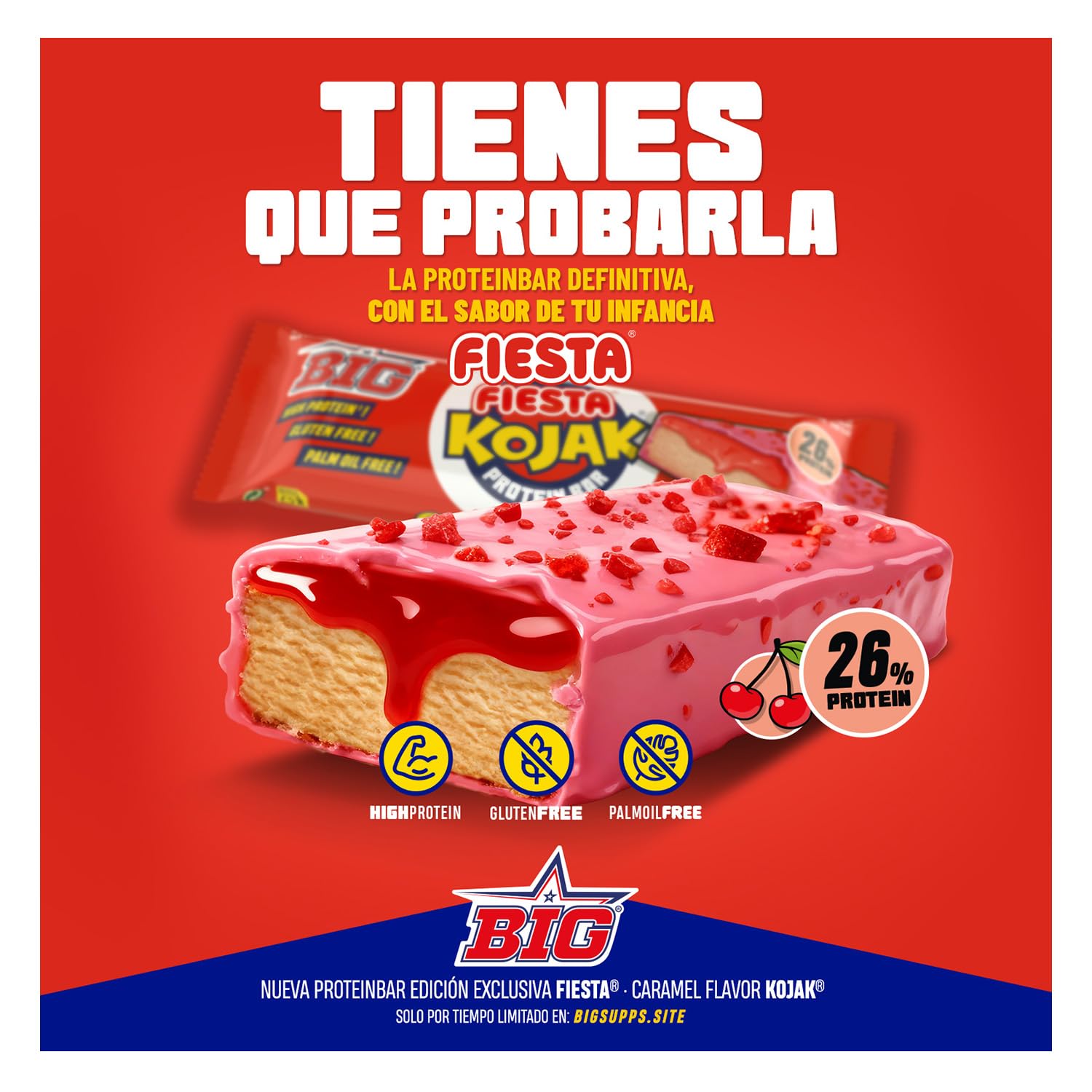 BIG - Fiesta Kojak Barritas Proteina 26gr de Proteina Caja 15 unidades con Toppings de Caramelo Sin Gluten y Sin Aceite de Palma para Recuperacion Muscular y Snack Saludable Post-Entreno
