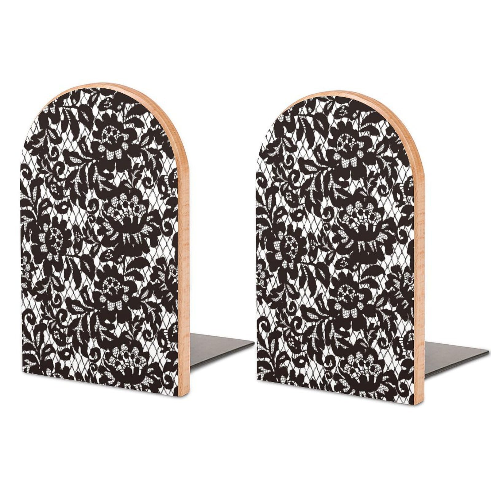 Seamless Vector Black Lace Pattern Beech Wood Bookends Heavy Duty Book Organizers Desktop File Holder for Office Home Bookshelf