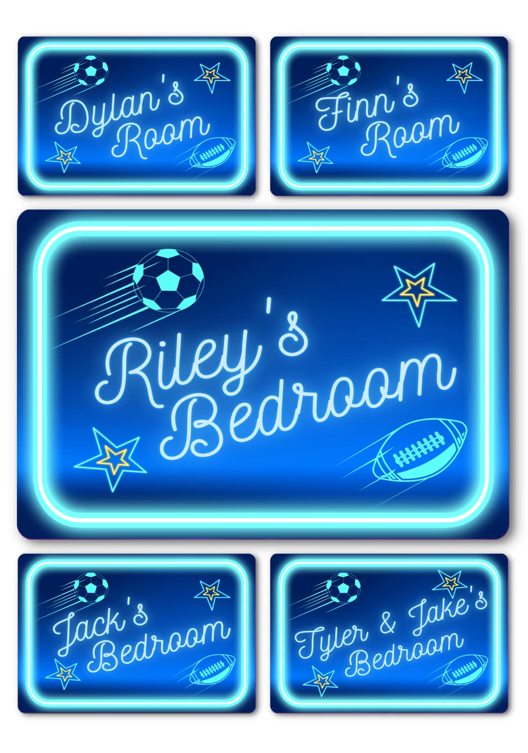 Bedroom Decor Name Signs - Custom Personalised Neon Style Metal Plaque for Children, Kids, Boys & Girls Home Decor, Nursery, Playroom Door (Boys Football & Sports Blue)