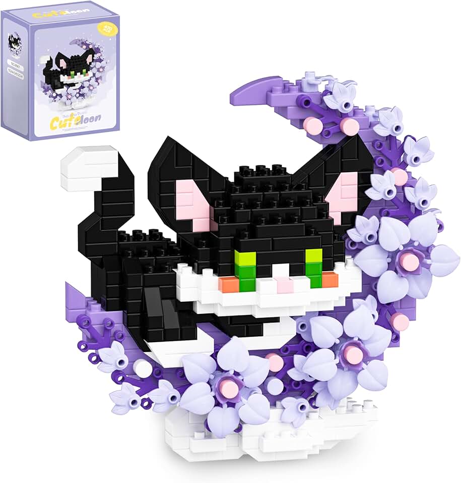 QISHOUTING Cat Micro Building Blocks with Flowers,Flowers Mini Building Set,Animal Micro Building Kits,Home Office Décor Gift for Adults and Teens(Black)