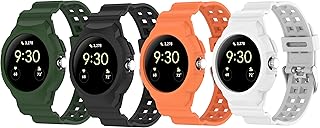 TenCloud 4Pack Case Bands Compatible with Google Pixel Watch Band with Case Intended for Google Pixel Watch Silicone Band Case (Black+Orange+White+ArmyGreen)