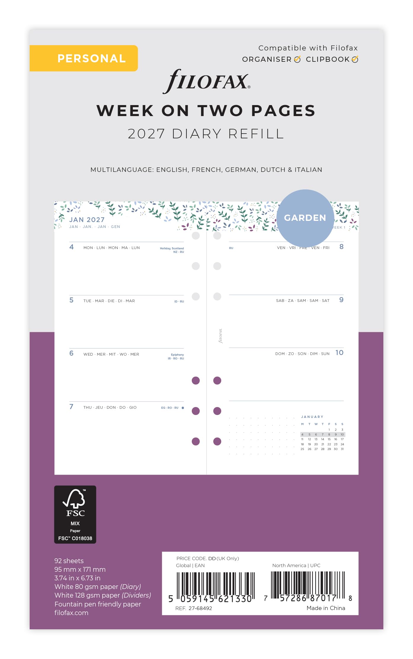 Filofax Personal Garden Week to view 2027 diary 27-68492