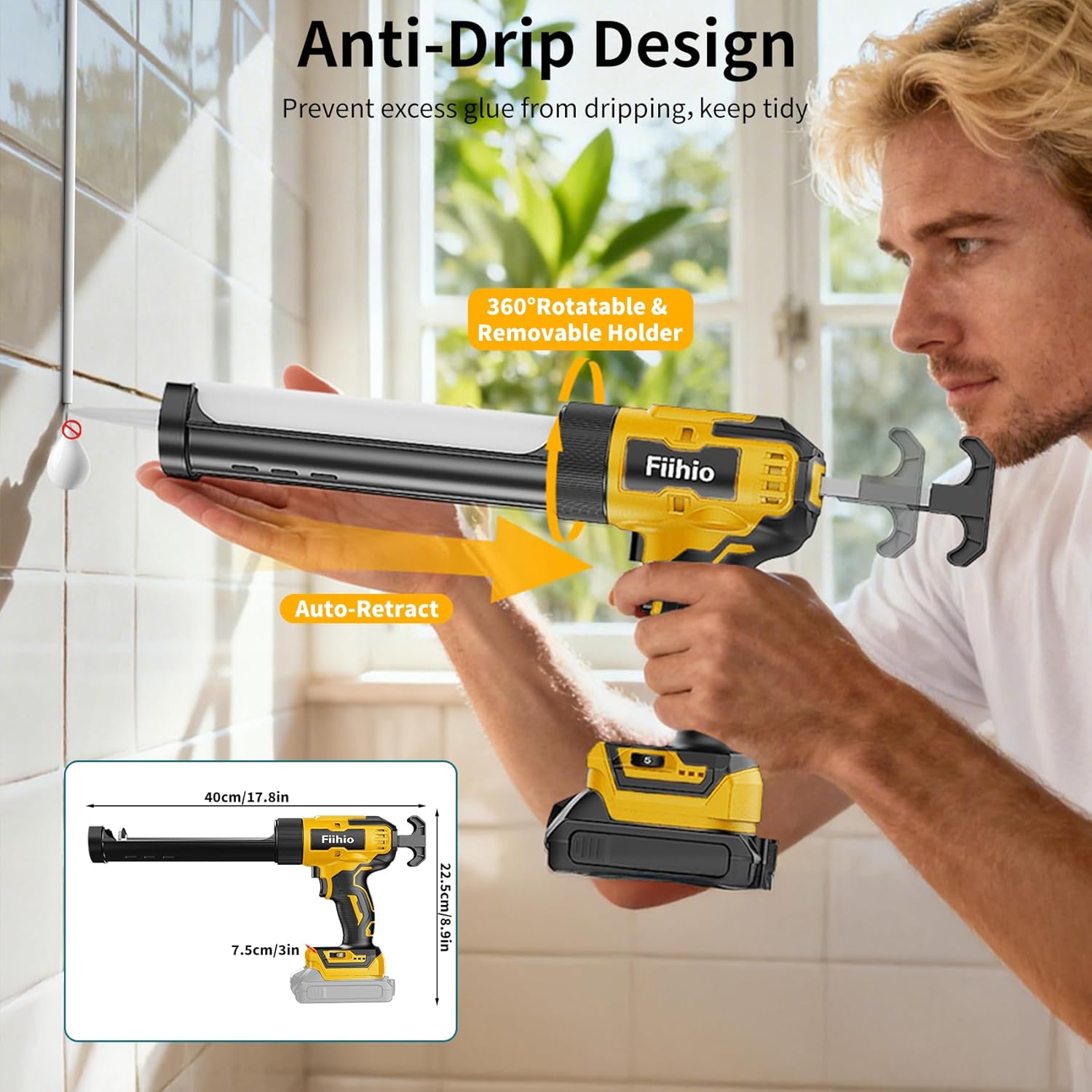 Cordless Caulking Gun Compatible with Dewalt 20V Max Battery,10 OZ Electric Caulk Gun with LED Light, LCD Display, 6 Adjustable Speeds for Floor, Wall Tile Filling, Yellow (No Battery)
