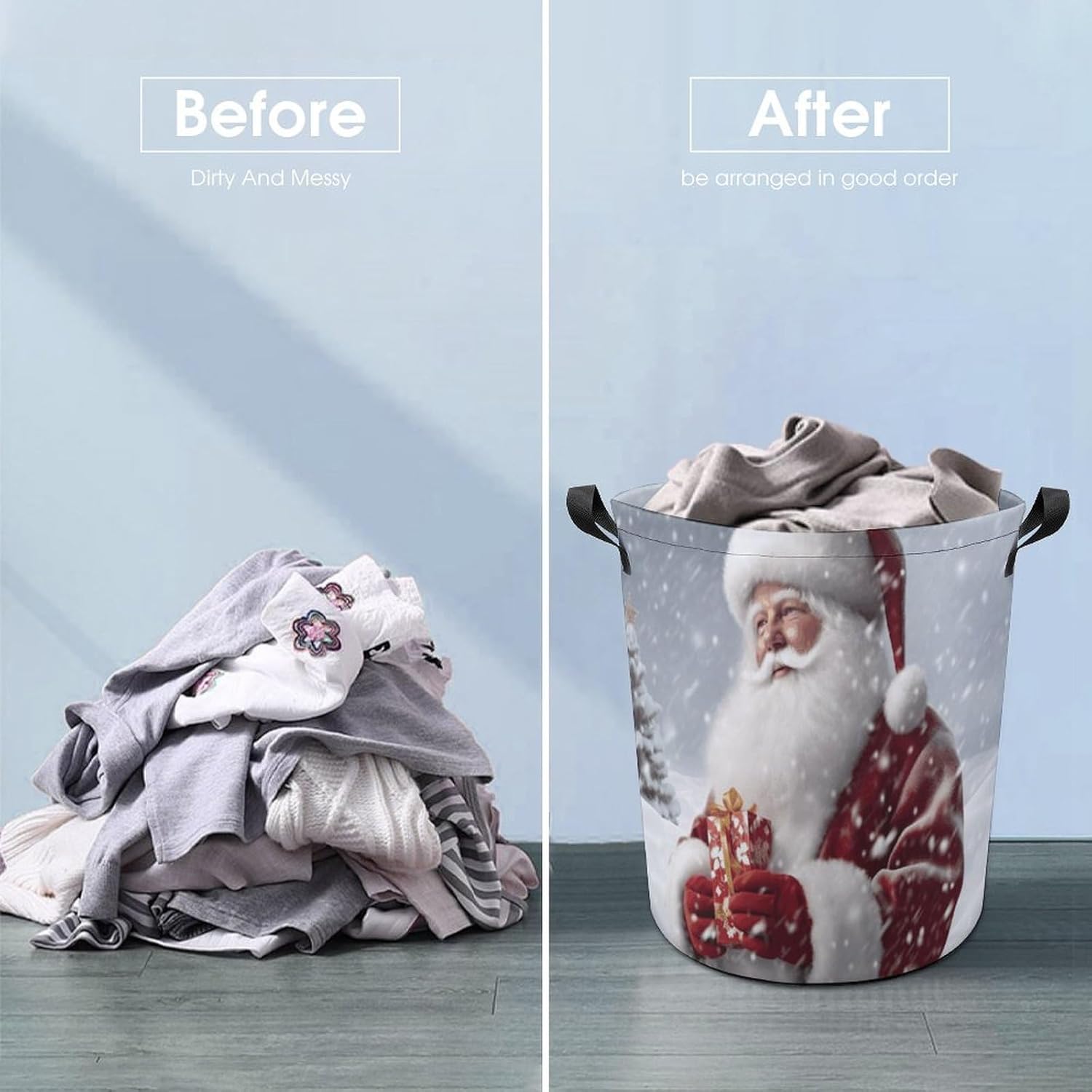 Collapsible Laundry Basket, Santa Claus Snow Secenry Printed Foldable Oxford Cloth Storage Basket，suitable for Bedrooms, Bathrooms, Clothes, Toys