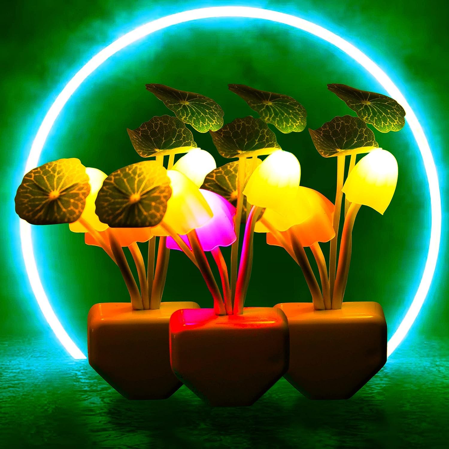 ComSaf Plug in Wall LED Mushroom Night Light Lamp with Dusk to Dawn Sensor, Auto On/Off Cute Color Changing Bed Nightlight LED Wall Light - Dim Night Light for Bedroom [Pack of 3]