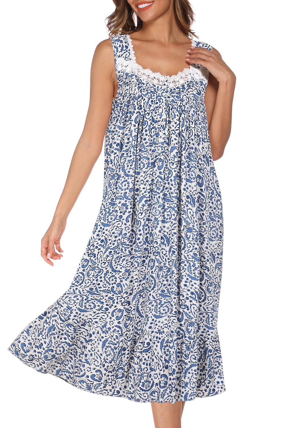 AVIIER Cotton Nightgowns for Women Sleeveless House Dress Ladies Long Nightdress with Pockets S-XXL