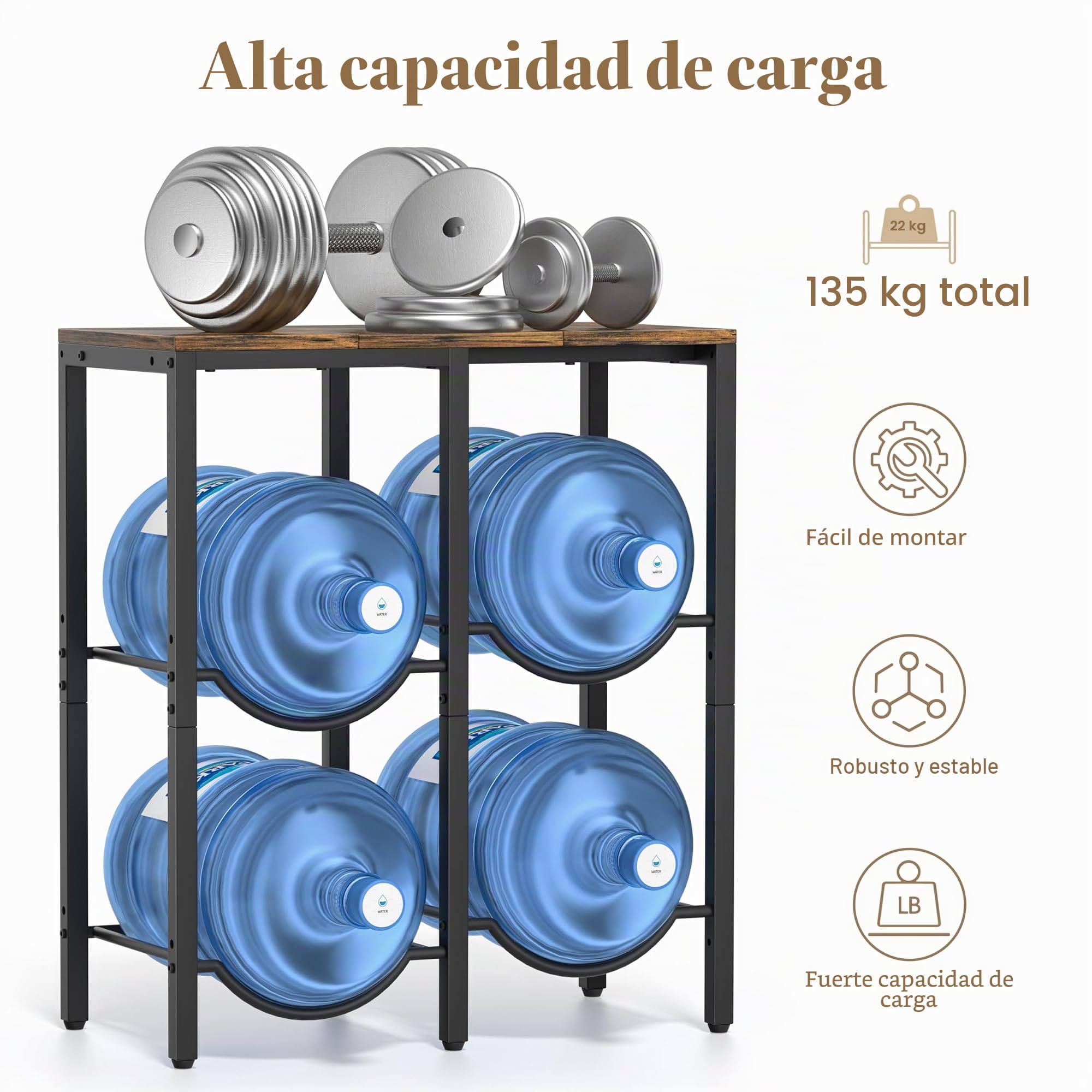 Bikoney Soporte Garrafas Agua 19L, Estante 3 Niveles con Repisa de Madera, Organizador 4 Huecos para Botellas 5 Galones, Portabotellas con Dispensador para Casa, Oficina, Garaje