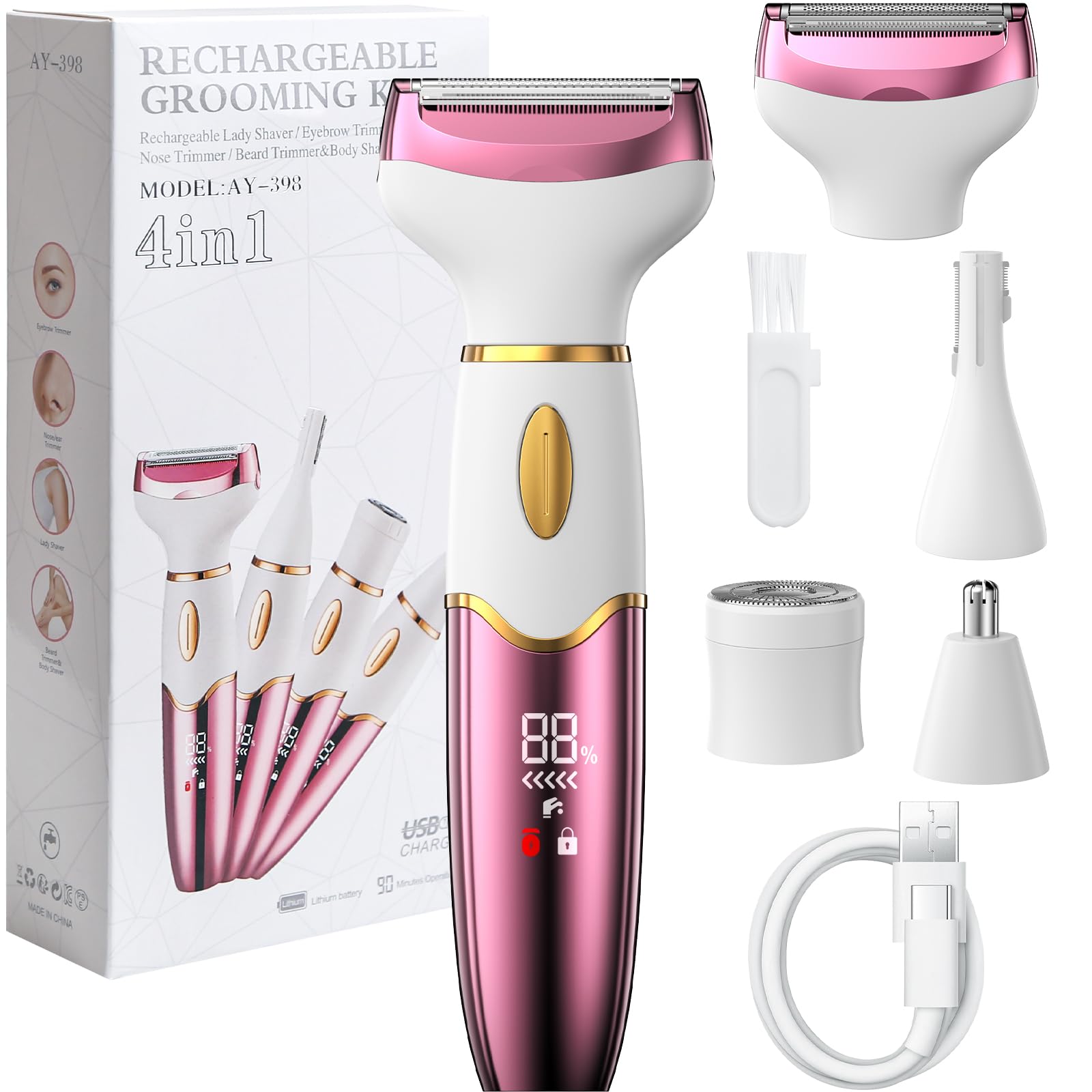 Rasoir électrique 4 en 1 pour femme avec affichage numérique, étanche IPX7, épilateur facial pour femme, rasoir intime pour le visage, les parties intimes, les aisselles, les jambes, recharge