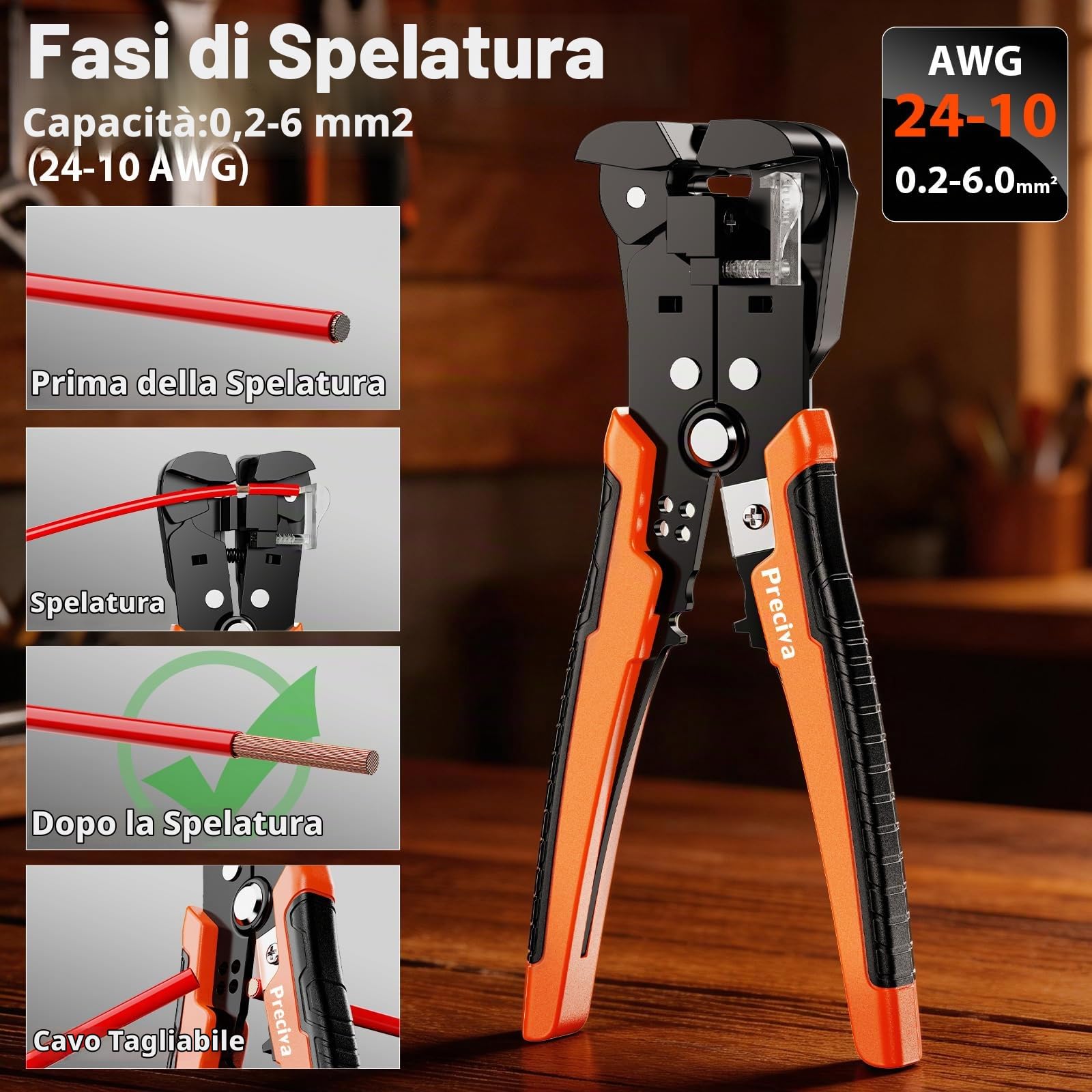 Preciva Pinza Crimpatrice Capicorda Isolati 0,5-6 mm² con Spellafili Automatico 0,2-6 mm², Kit Crimpatrice AWG20-10 con 380 Terminali Isolati (33 Tipi), Pinza Crimpatrice per Elettricista | Preciva Pinza crimpatrice a cricchetto AWG20-10+0,2-6 mm², con co