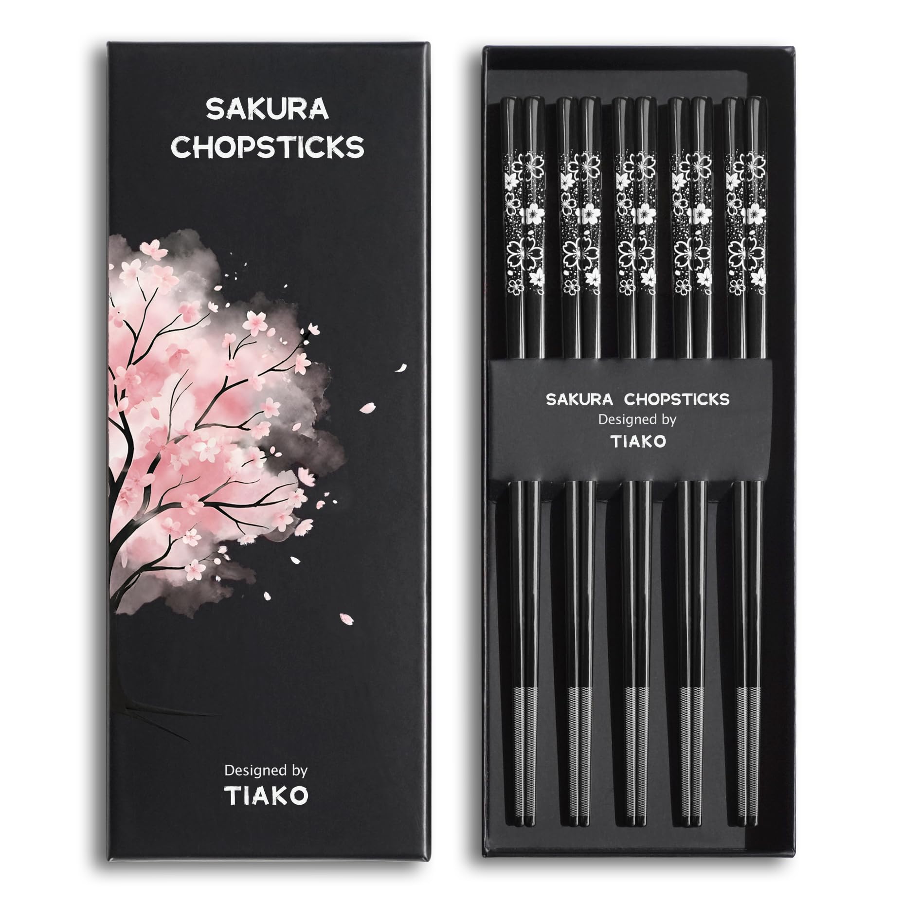 TIAKO Set di 5 paia di bacchette in fiore di ciliegio nero, acciaio inossidabile 18/8 di alta qualità, elegante confezione regalo, design giapponese Sakura per sushi, sala da pranzo asiatica e