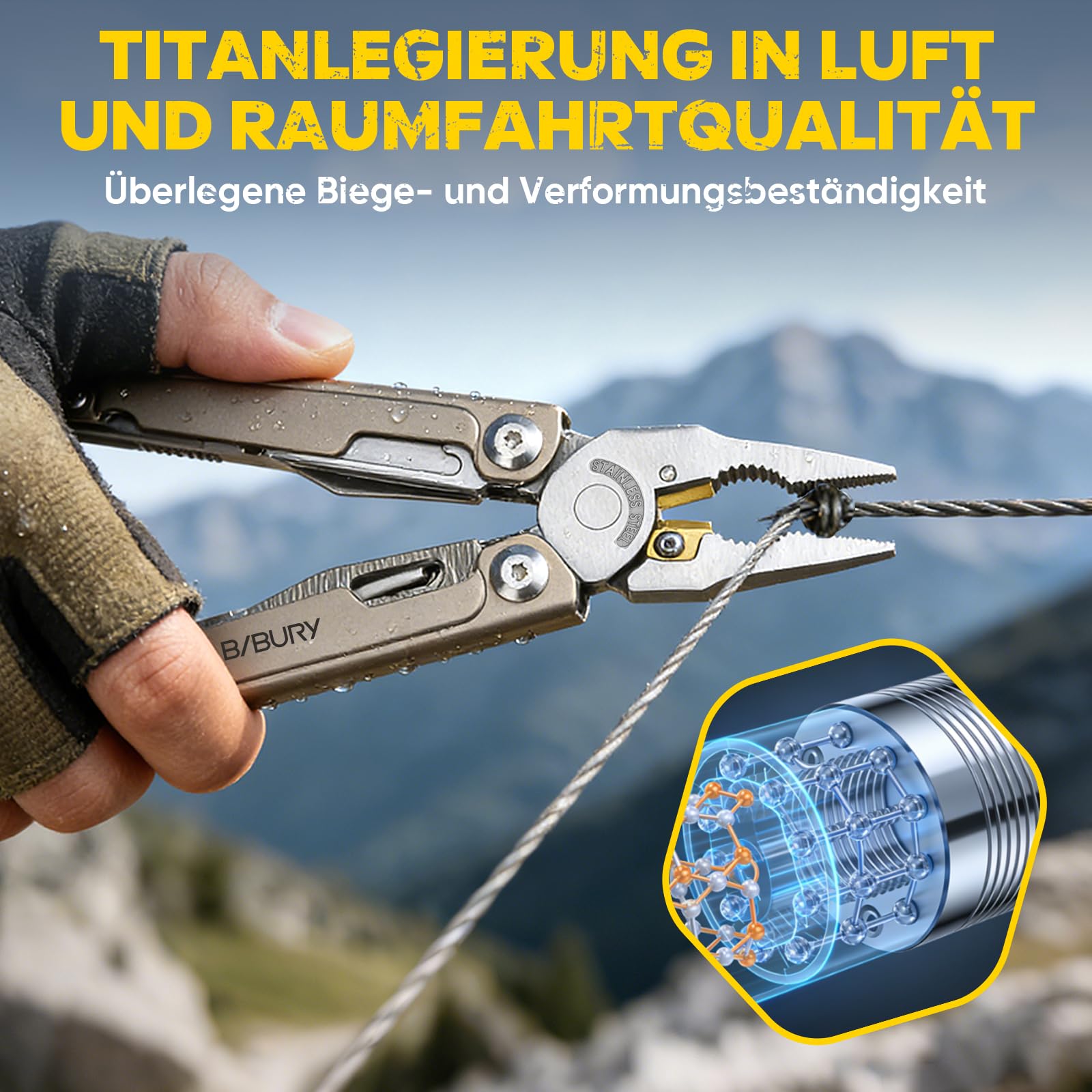 BIBURY Multitool Titan & Damast Messer - Multifunktionswerkzeug mit Zange, Schere, austauschbarer Säge & Bits - Profi EDC Taschenmesser Geschenke für Männer, Reparieren, Camping Zubehör BI2049TI