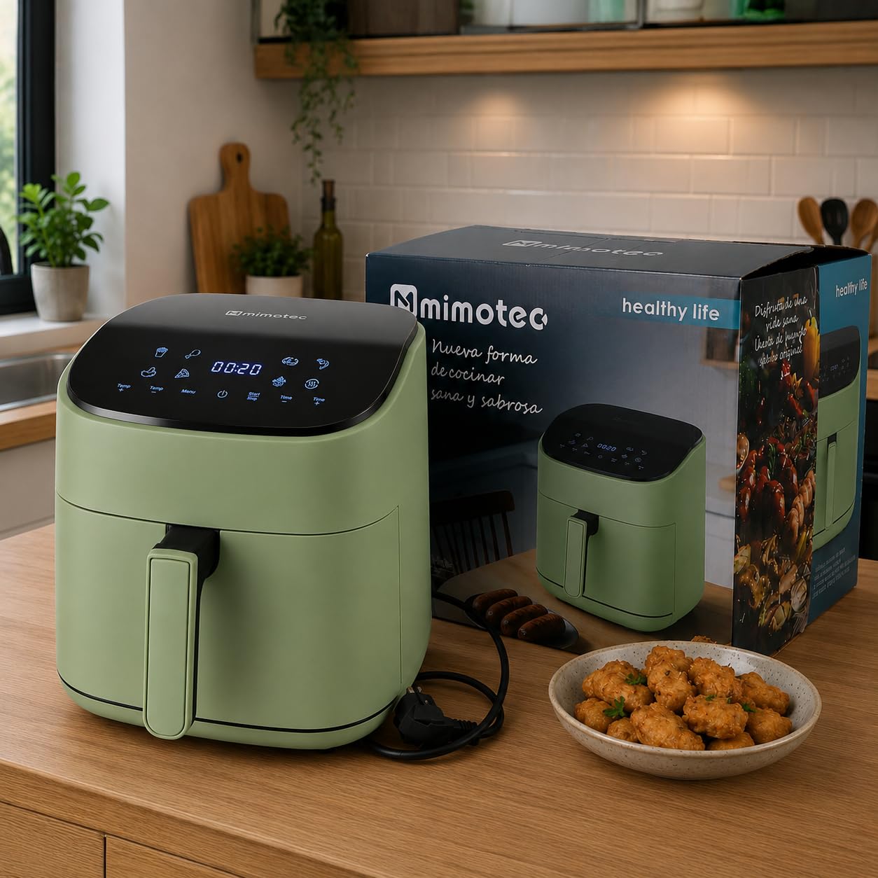 Iluminashop - Air Fryer Line Green Touch 6,5L, Freidora de Aire sin Aceite, 1600W, 8 Menús Digitales, Pantalla Táctil,Función Grill, Temporizador regulable, Temperatura 80-200°C, Fácil y Saludable