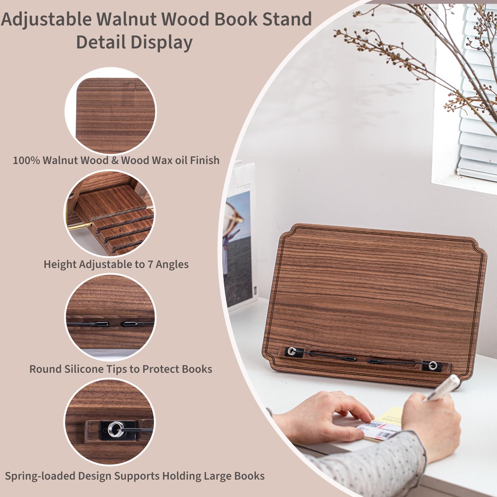 Portable Book Stand for Reading Adjustable Wooden Laptop Stand Foldable Desktop Stand for Cookbook Fits All Books Walnut — view 3