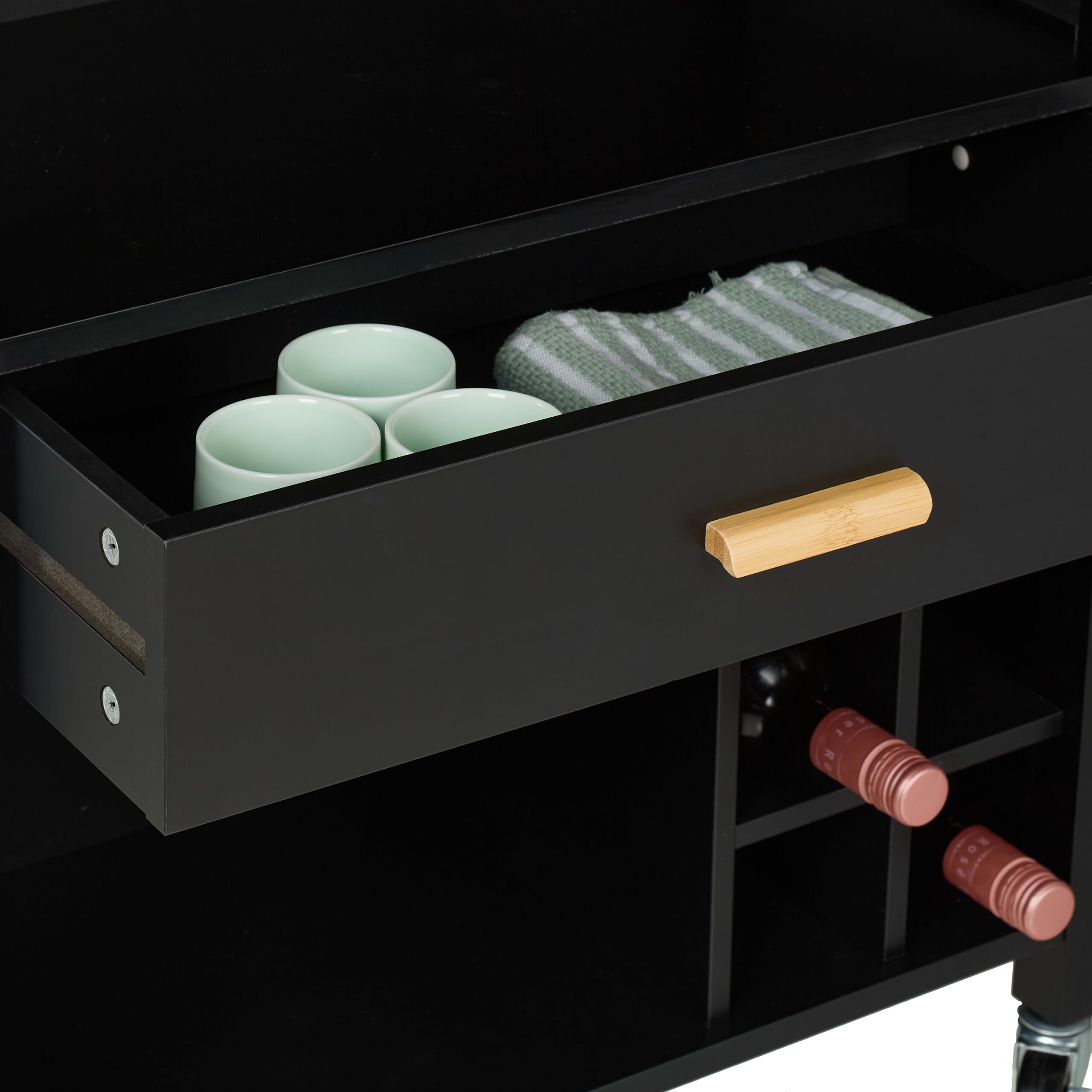 Relaxdays Carrello da Cucina, Isola a Ruote con Cassetto e Posto 6 Bottiglie, 2 Scomparti, 80x65x35 cm, bambù, MDF, Nero