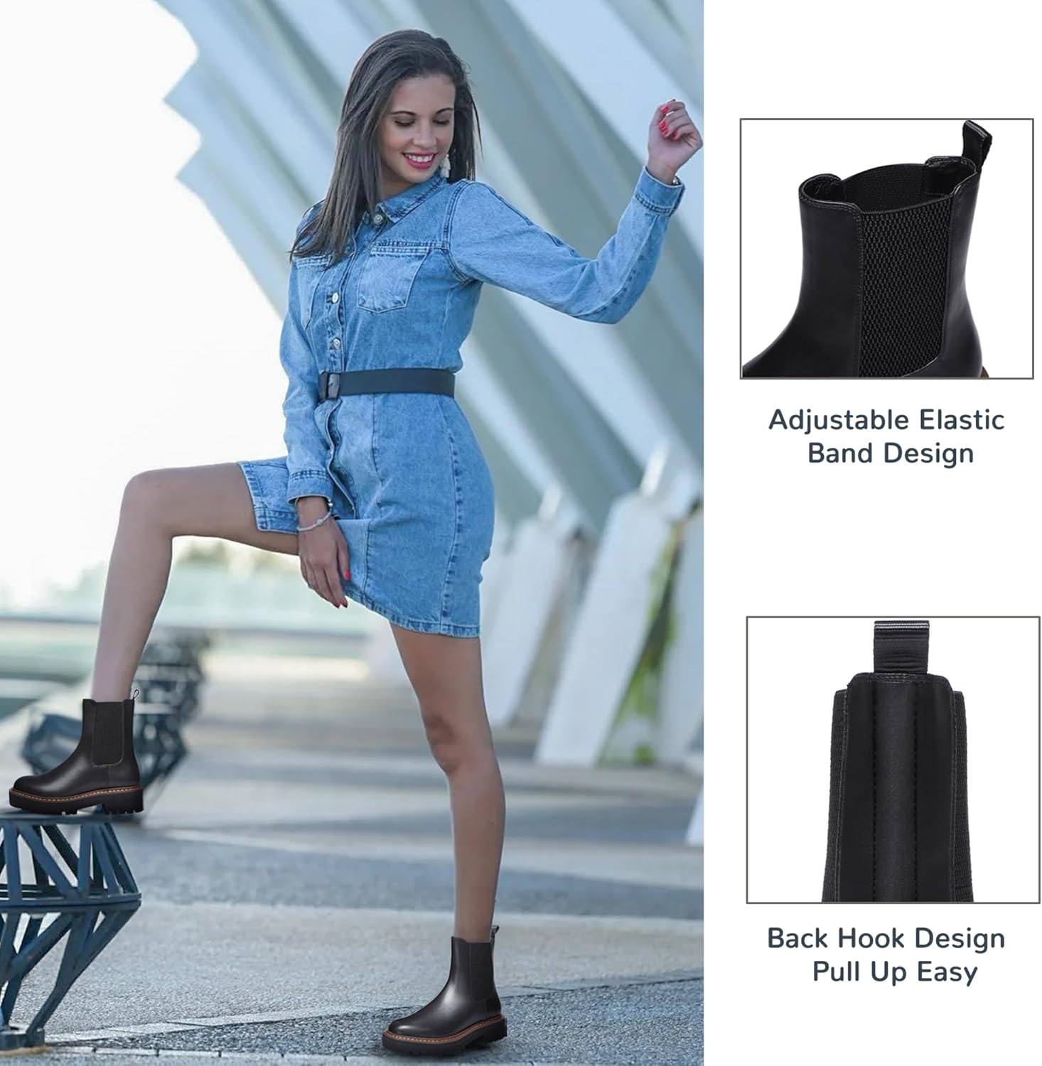 Athlefit Women's Chelsea Ankle Boots Platform Slip On Chunky Heel Lug Sole Leather Booties - Image 3