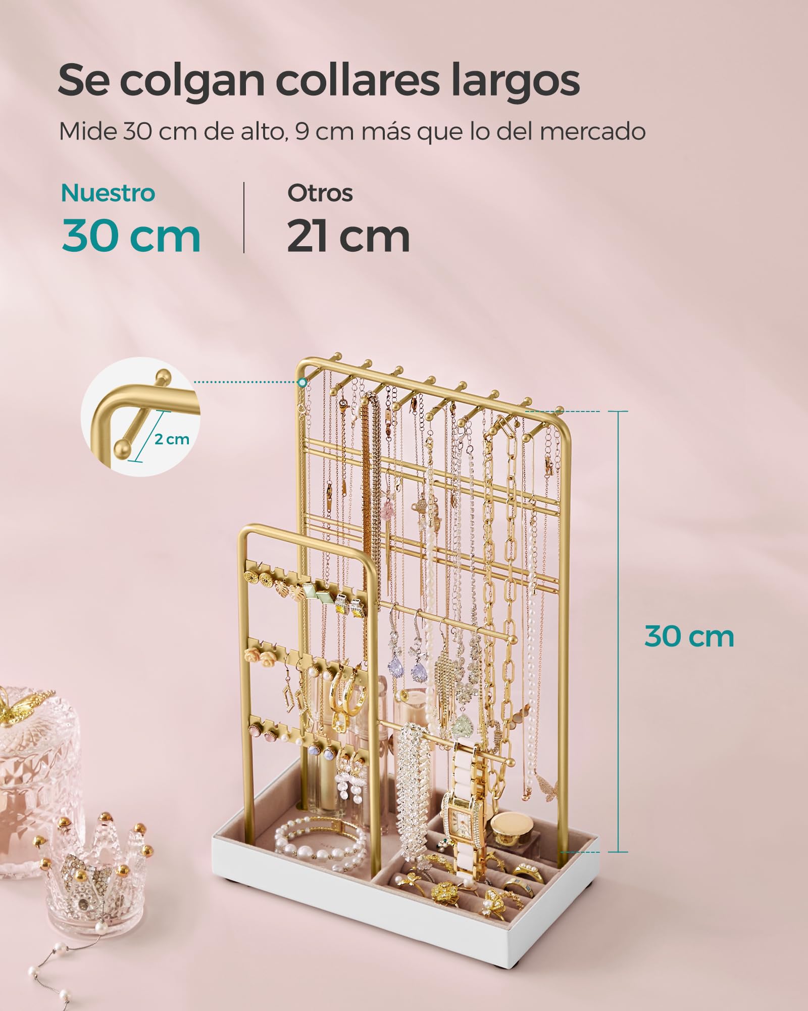 SONGMICS Soporte para Joyas, Organizador de Joyas, Expositor de Joyas, Marco de Metal, Bandeja de Terciopelo, para Collares, Pulseras, Pendientes, Tachuelas, Anillos, Regalo, Dorado JJS021A01