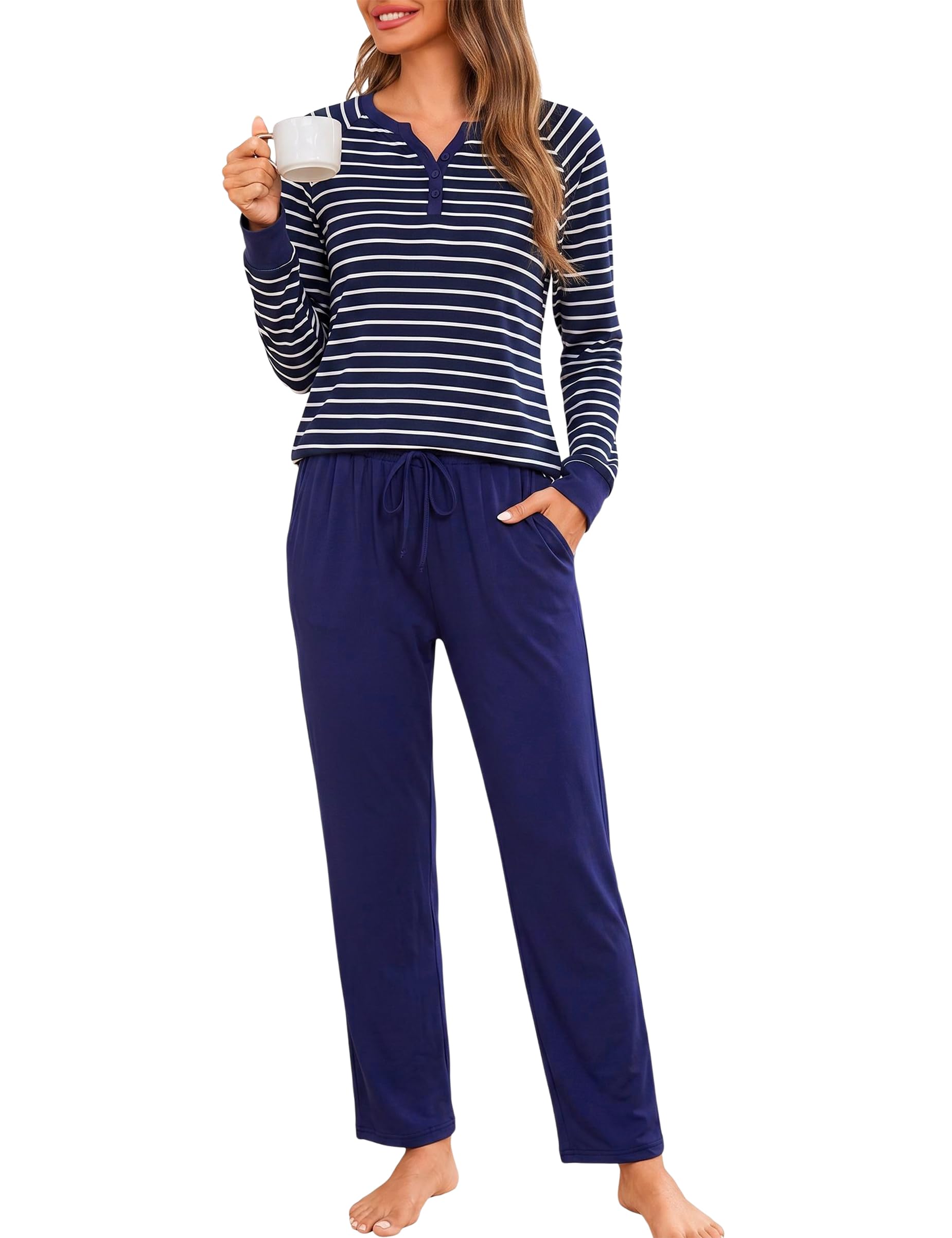 Bresdk Schlafanzug Damen Lang Baumwolle Winter Pyjama Set S-3XL | Zweiteiler Hausanzug Henley Ausschnitt, Bequeme Loungewear für Frauen, Gestreiftes Oberteil Langarm, Schlafhose Mit Taschen