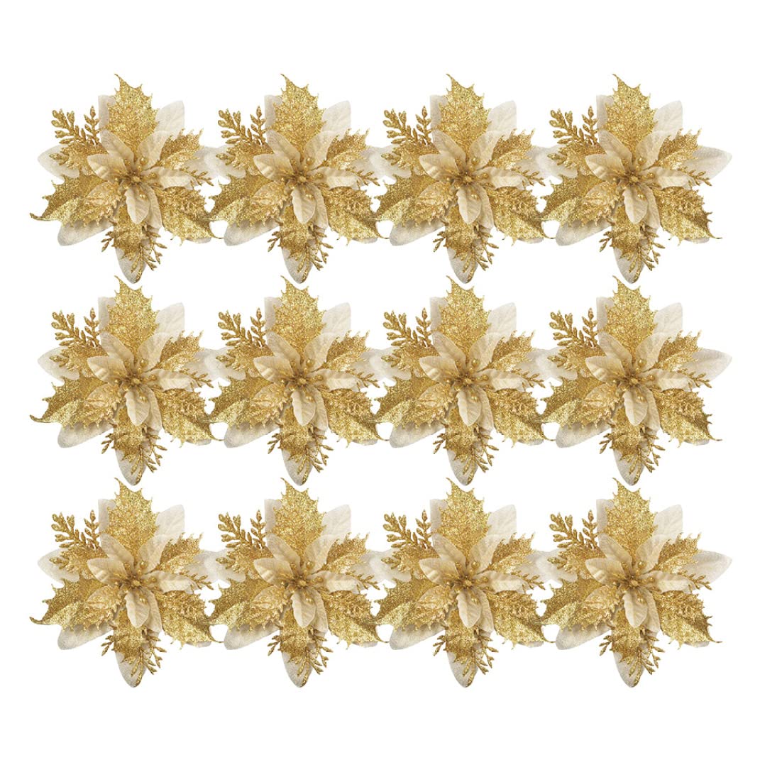 CAKEEYUM Christmas Poinsettia Flowers Artificial Glitter Poinsettia Bushes Xmas Tree Decorations Golden 12PCS Artificial PoinsettiaChristmas Flowers Golden Christmas Decorations